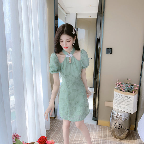 Summer Fairy Temperament Chic Fashion Women Cheongsam Style Stand Collar Chiffon Ruffle Short Sleeved High Waist Dress