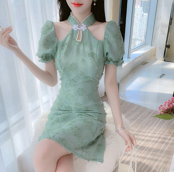 Summer Fairy Temperament Chic Fashion Women Cheongsam Style Stand Collar Chiffon Ruffle Short Sleeved High Waist Dress