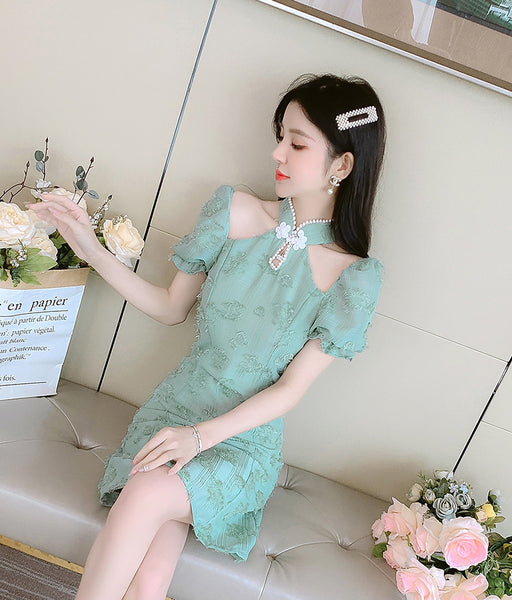 Summer Fairy Temperament Chic Fashion Women Cheongsam Style Stand Collar Chiffon Ruffle Short Sleeved High Waist Dress