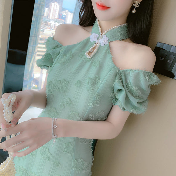 Summer Fairy Temperament Chic Fashion Women Cheongsam Style Stand Collar Chiffon Ruffle Short Sleeved High Waist Dress