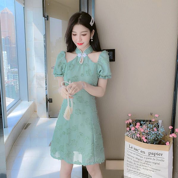 Summer Fairy Temperament Chic Fashion Women Cheongsam Style Stand Collar Chiffon Ruffle Short Sleeved High Waist Dress