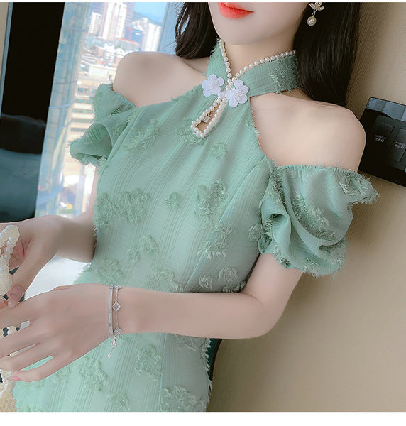 Summer Fairy Temperament Chic Fashion Women Cheongsam Style Stand Collar Chiffon Ruffle Short Sleeved High Waist Dress