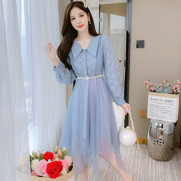 Fairy Sweet Temperament Women Long Sleeves Big Polo Collar Irregular Mesh Hem Stitching Lace Dress