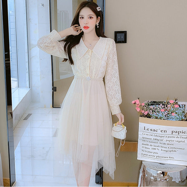 Fairy Sweet Temperament Women Long Sleeves Big Polo Collar Irregular Mesh Hem Stitching Lace Dress