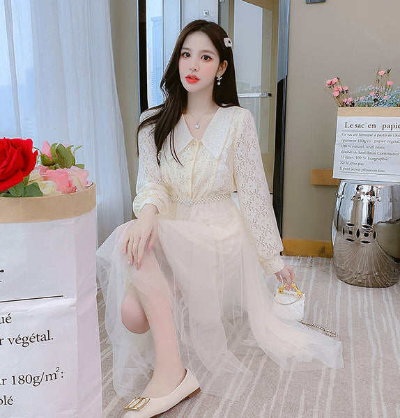Fairy Sweet Temperament Women Long Sleeves Big Polo Collar Irregular Mesh Hem Stitching Lace Dress
