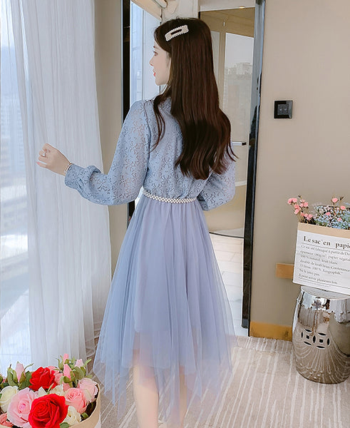 Fairy Sweet Temperament Women Long Sleeves Big Polo Collar Irregular Mesh Hem Stitching Lace Dress