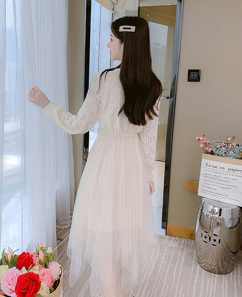 Fairy Sweet Temperament Women Long Sleeves Big Polo Collar Irregular Mesh Hem Stitching Lace Dress