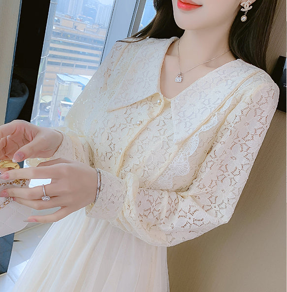 Fairy Sweet Temperament Women Long Sleeves Big Polo Collar Irregular Mesh Hem Stitching Lace Dress