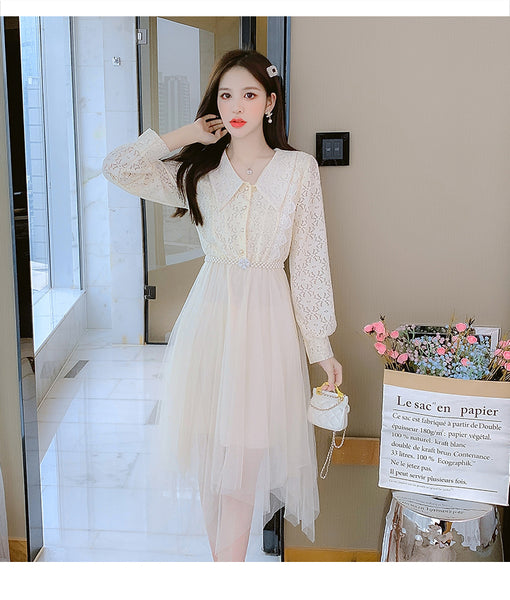 Fairy Sweet Temperament Women Long Sleeves Big Polo Collar Irregular Mesh Hem Stitching Lace Dress