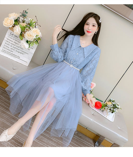 Fairy Sweet Temperament Women Long Sleeves Big Polo Collar Irregular Mesh Hem Stitching Lace Dress
