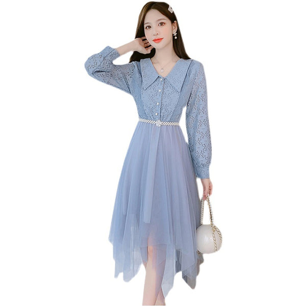 Fairy Sweet Temperament Women Long Sleeves Big Polo Collar Irregular Mesh Hem Stitching Lace Dress