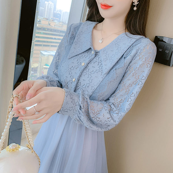 Fairy Sweet Temperament Women Long Sleeves Big Polo Collar Irregular Mesh Hem Stitching Lace Dress