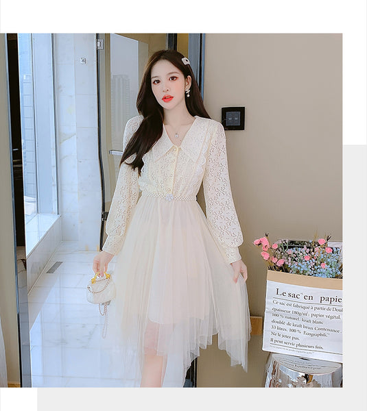 Fairy Sweet Temperament Women Long Sleeves Big Polo Collar Irregular Mesh Hem Stitching Lace Dress