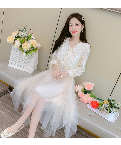 Fairy Sweet Temperament Women Long Sleeves Big Polo Collar Irregular Mesh Hem Stitching Lace Dress