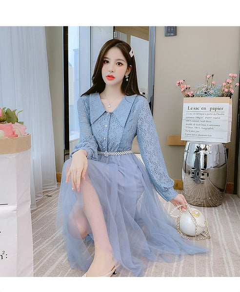 Fairy Sweet Temperament Women Long Sleeves Big Polo Collar Irregular Mesh Hem Stitching Lace Dress