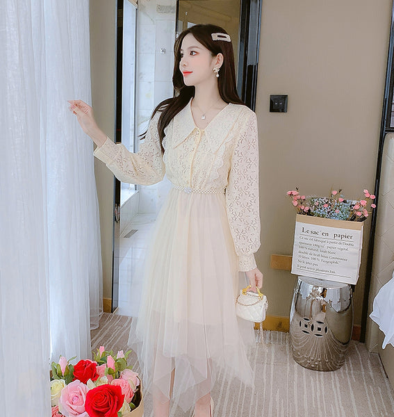 Fairy Sweet Temperament Women Long Sleeves Big Polo Collar Irregular Mesh Hem Stitching Lace Dress