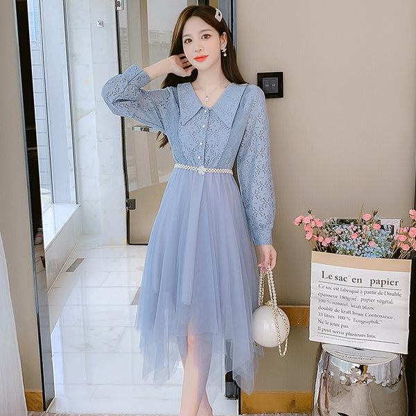 Fairy Sweet Temperament Women Long Sleeves Big Polo Collar Irregular Mesh Hem Stitching Lace Dress