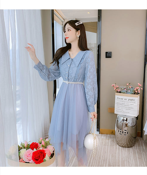 Fairy Sweet Temperament Women Long Sleeves Big Polo Collar Irregular Mesh Hem Stitching Lace Dress