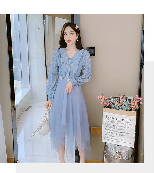 Fairy Sweet Temperament Women Long Sleeves Big Polo Collar Irregular Mesh Hem Stitching Lace Dress