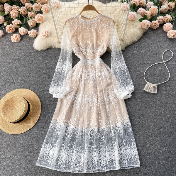 Fairy Temperament Women Retro Long Sleeve Round Neck High Waist Embroidery Mesh Lace A Line Dress
