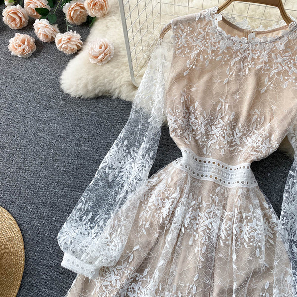 Fairy Temperament Women Retro Long Sleeve Round Neck High Waist Embroidery Mesh Lace A Line Dress
