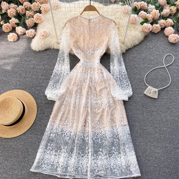 Fairy Temperament Women Retro Long Sleeve Round Neck High Waist Embroidery Mesh Lace A Line Dress