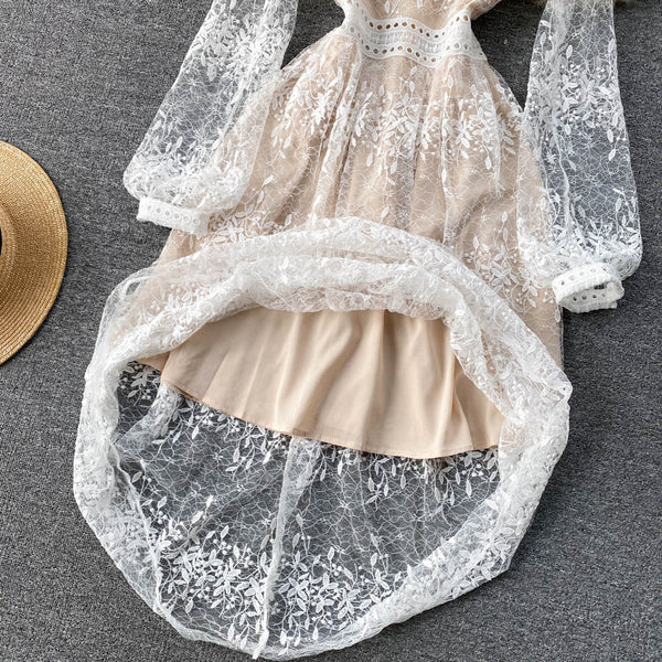 Fairy Temperament Women Retro Long Sleeve Round Neck High Waist Embroidery Mesh Lace A Line Dress