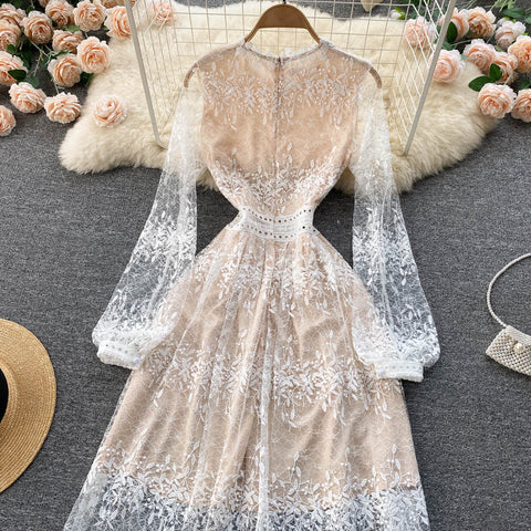 Fairy Temperament Women Retro Long Sleeve Round Neck High Waist Embroidery Mesh Lace A Line Dress