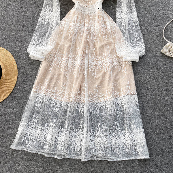 Fairy Temperament Women Retro Long Sleeve Round Neck High Waist Embroidery Mesh Lace A Line Dress