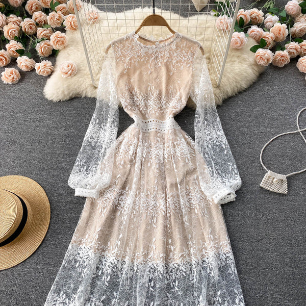 Fairy Temperament Women Retro Long Sleeve Round Neck High Waist Embroidery Mesh Lace A Line Dress