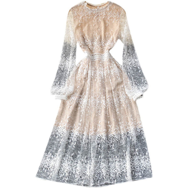 Fairy Temperament Women Retro Long Sleeve Round Neck High Waist Embroidery Mesh Lace A Line Dress