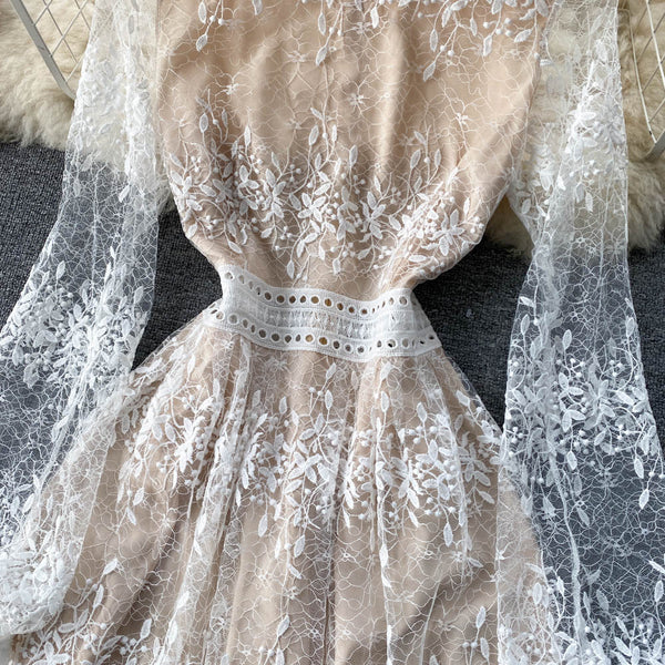 Fairy Temperament Women Retro Long Sleeve Round Neck High Waist Embroidery Mesh Lace A Line Dress