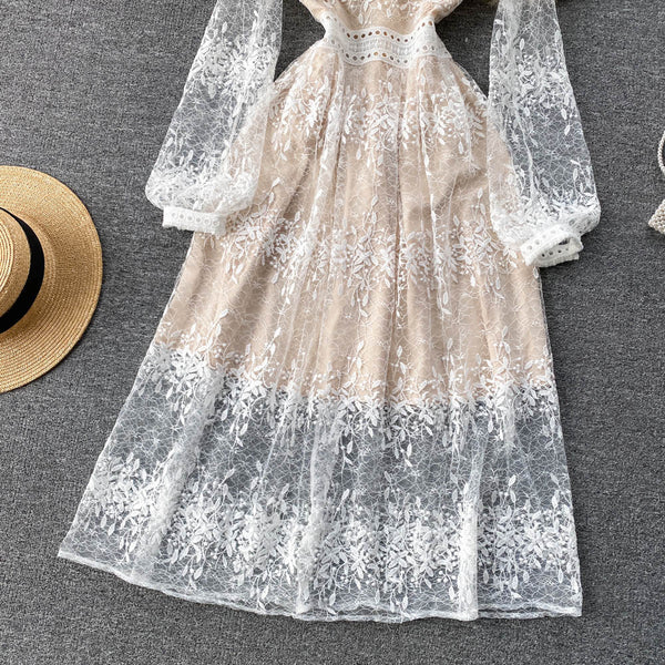 Fairy Temperament Women Retro Long Sleeve Round Neck High Waist Embroidery Mesh Lace A Line Dress