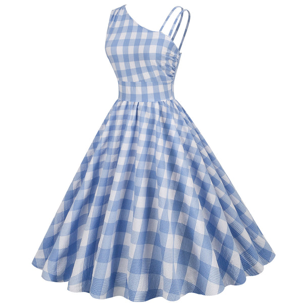 Sunny Day Women Retro Vintage One slanted Shoulder Asymmetrical Pleated High Waist Sleeveless Large Swing Mid-length Dress