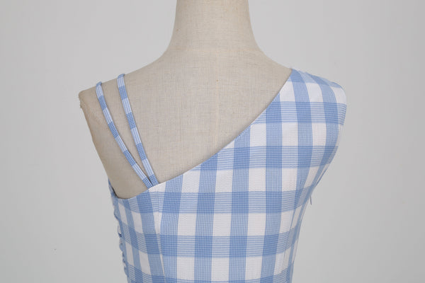 Sunny Day Women Retro Vintage One slanted Shoulder Asymmetrical Pleated High Waist Sleeveless Large Swing Mid-length Dress