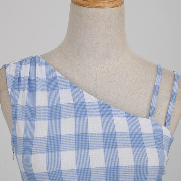 Sunny Day Women Retro Vintage One slanted Shoulder Asymmetrical Pleated High Waist Sleeveless Large Swing Mid-length Dress