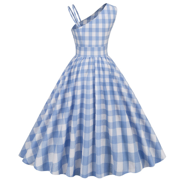 Sunny Day Women Retro Vintage One slanted Shoulder Asymmetrical Pleated High Waist Sleeveless Large Swing Mid-length Dress