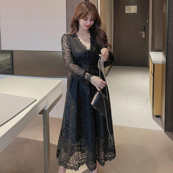 Fairy Temperament Elegant Women Lace Ruffle V Neck Top High Waist Long Sleeved A Line Dress