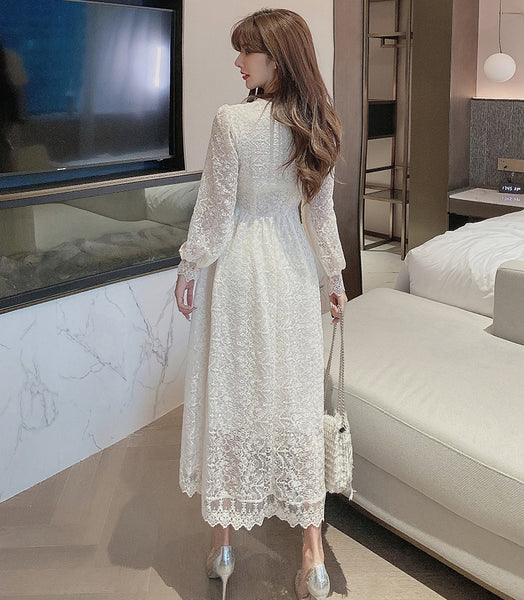 Fairy Temperament Elegant Women Lace Ruffle V Neck Top High Waist Long Sleeved A Line Dress