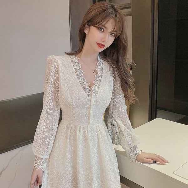 Fairy Temperament Elegant Women Lace Ruffle V Neck Top High Waist Long Sleeved A Line Dress