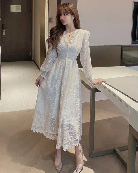 Fairy Temperament Elegant Women Lace Ruffle V Neck Top High Waist Long Sleeved A Line Dress