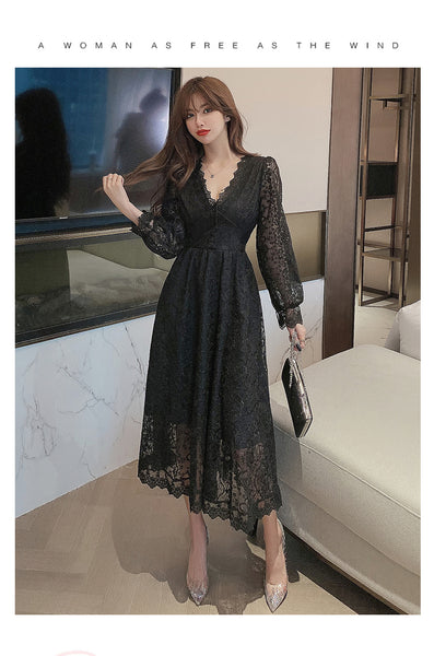 Fairy Temperament Elegant Women Lace Ruffle V Neck Top High Waist Long Sleeved A Line Dress