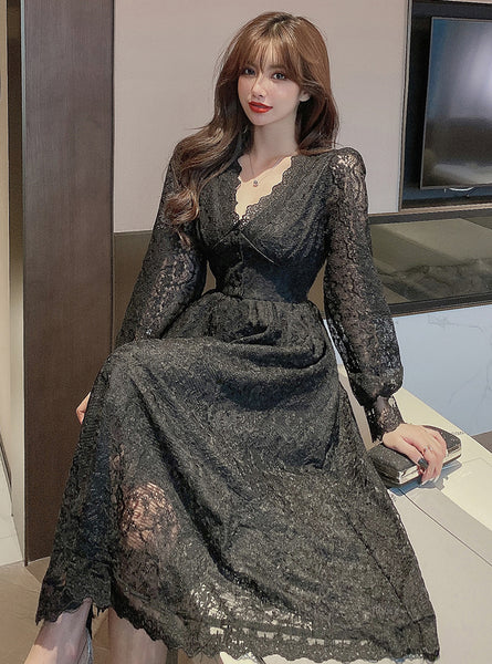 Fairy Temperament Elegant Women Lace Ruffle V Neck Top High Waist Long Sleeved A Line Dress
