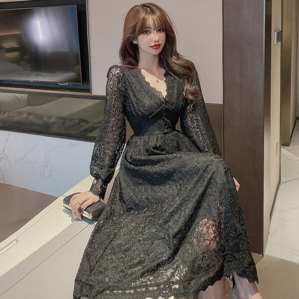 Fairy Temperament Elegant Women Lace Ruffle V Neck Top High Waist Long Sleeved A Line Dress