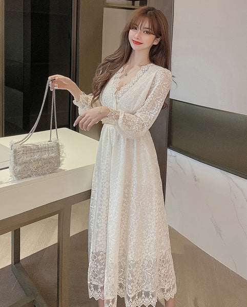Fairy Temperament Elegant Women Lace Ruffle V Neck Top High Waist Long Sleeved A Line Dress