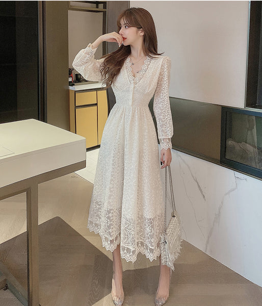 Fairy Temperament Elegant Women Lace Ruffle V Neck Top High Waist Long Sleeved A Line Dress