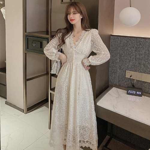Fairy Temperament Elegant Women Lace Ruffle V Neck Top High Waist Long Sleeved A Line Dress