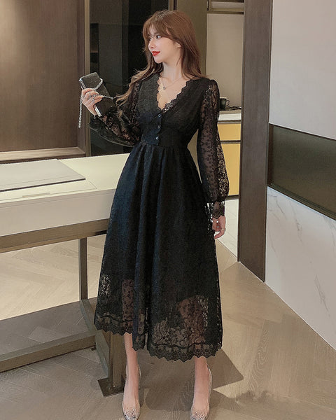 Fairy Temperament Elegant Women Lace Ruffle V Neck Top High Waist Long Sleeved A Line Dress