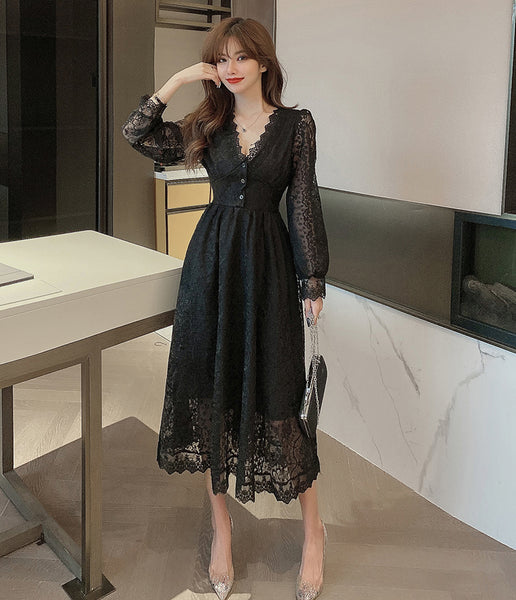 Fairy Temperament Elegant Women Lace Ruffle V Neck Top High Waist Long Sleeved A Line Dress