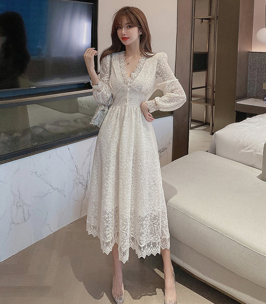Fairy Temperament Elegant Women Lace Ruffle V Neck Top High Waist Long Sleeved A Line Dress